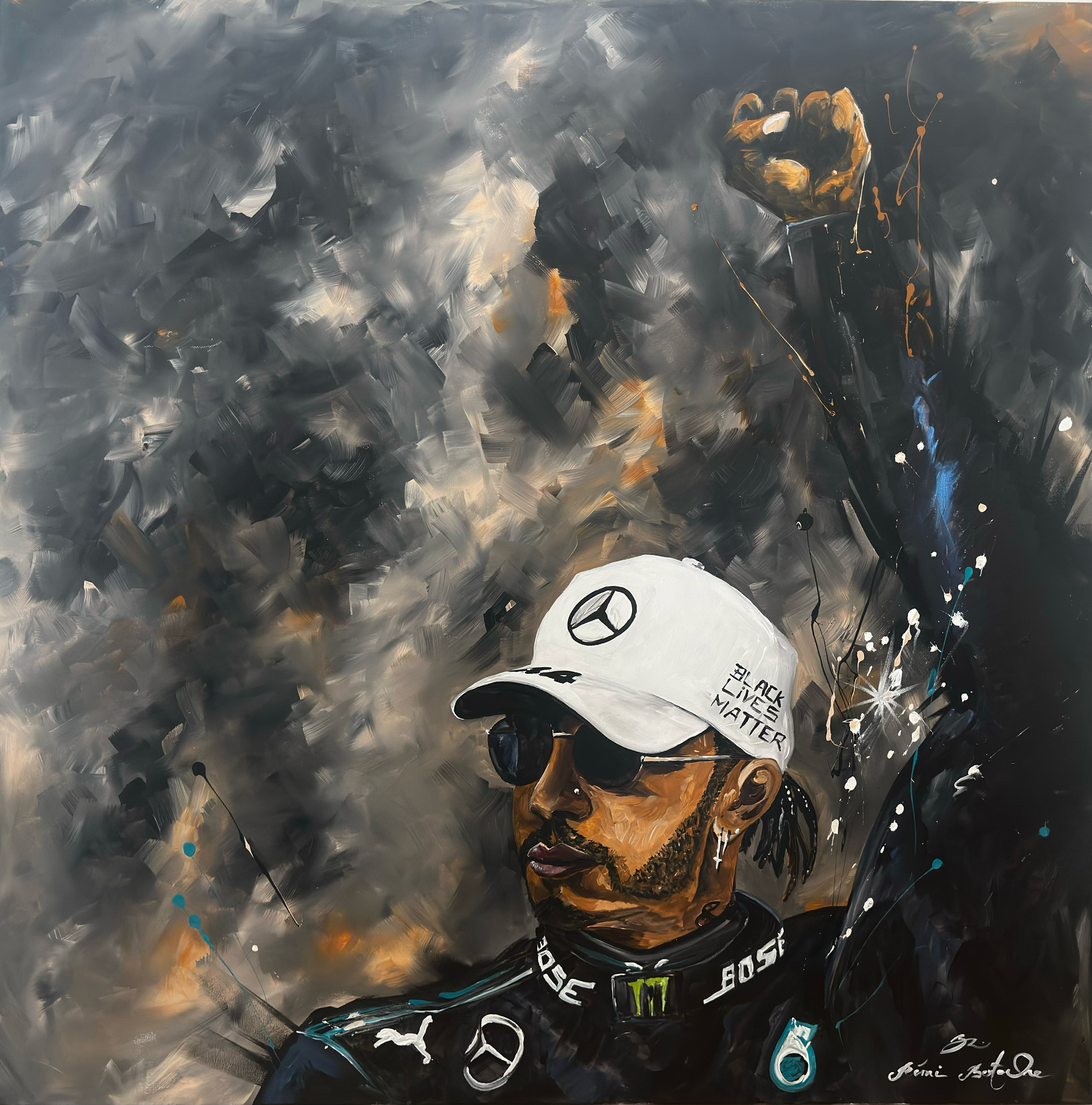 Lewis Hamilton by Rémi Bertoche, painting, presented by Art.M Luxembourg